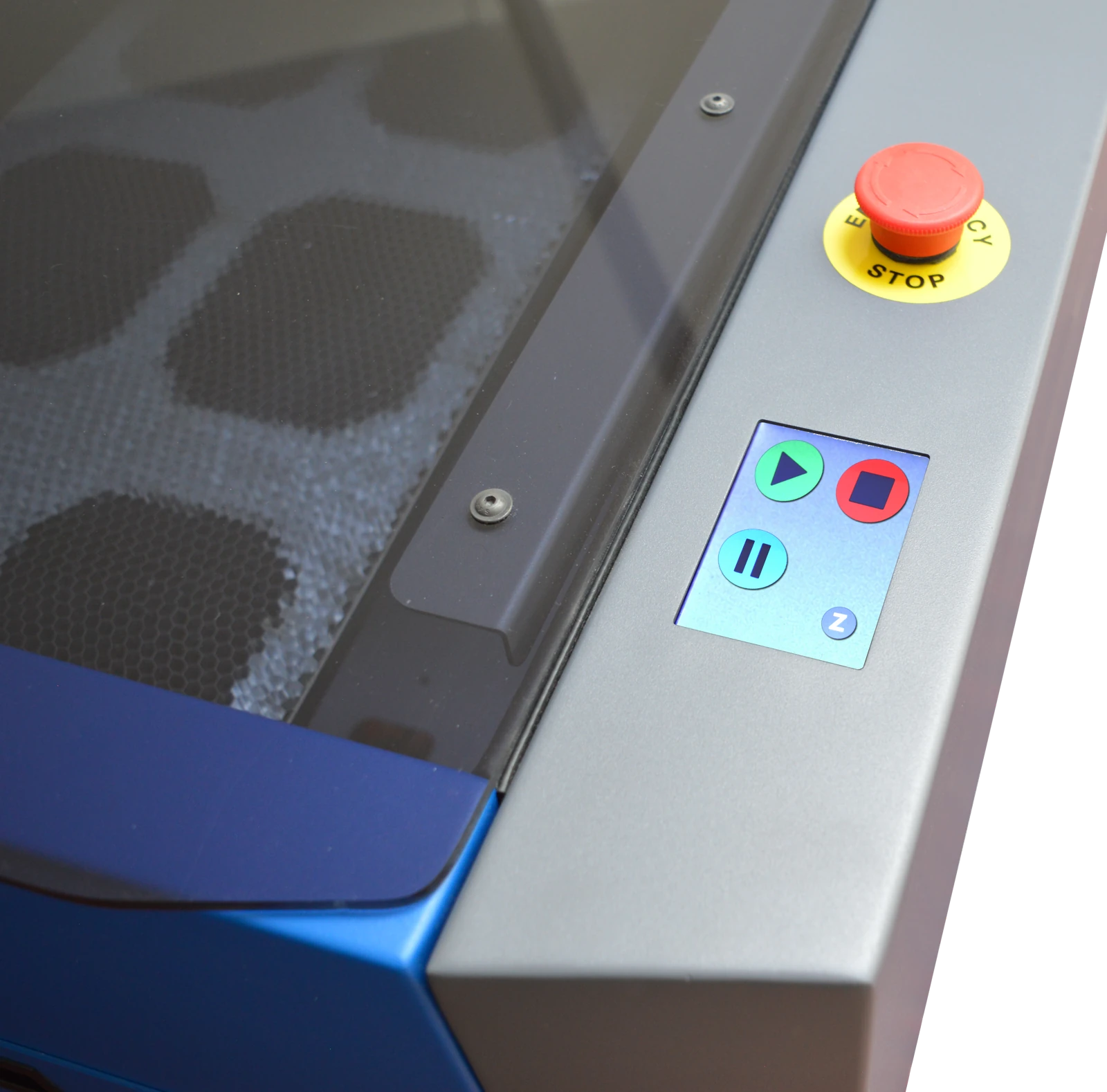 Solo Plus touchscreen controls and emergency stop beside the cutting bed
